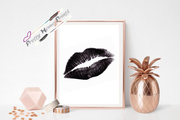 black lips kiss mark on white wall print