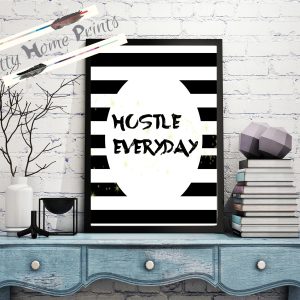 Hustle every day quote on black and white stripe oval with gold stars for wall inspiration