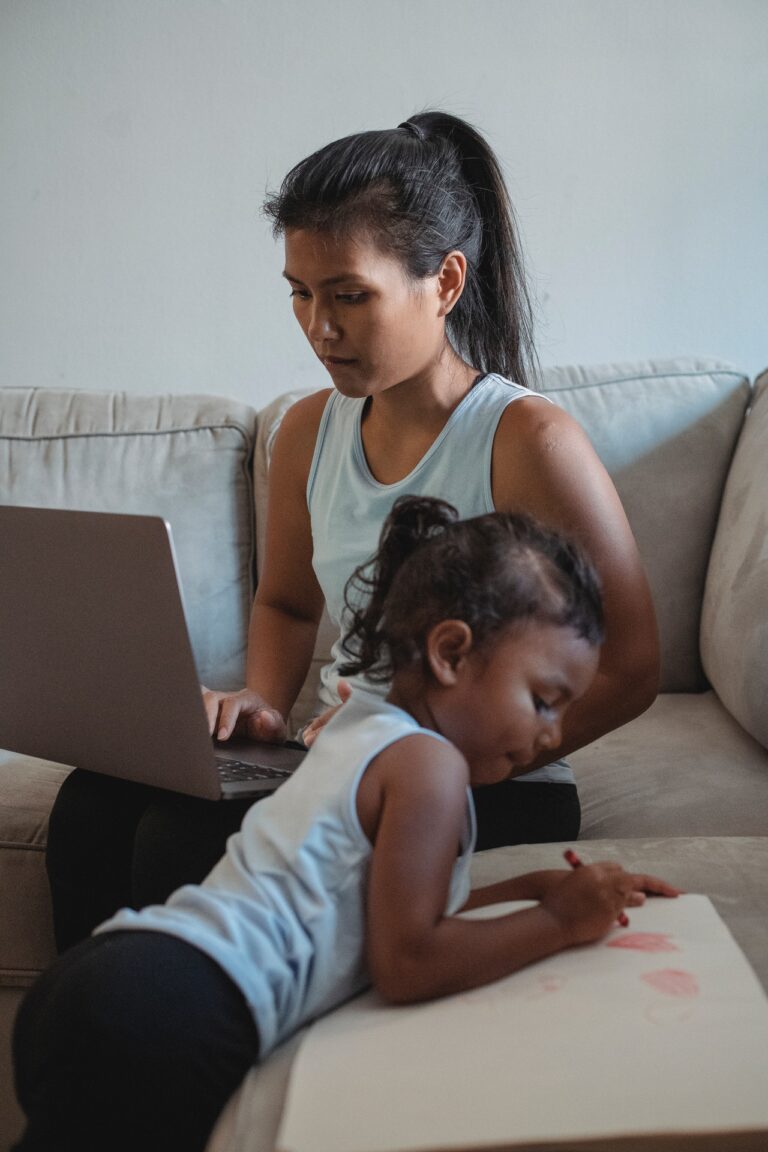 pexels kamaji ogino asian oriental mother working on laptop computer at home with child drawing