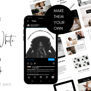 black and white social media post graphics in monochrome shades behind a mobile phone display