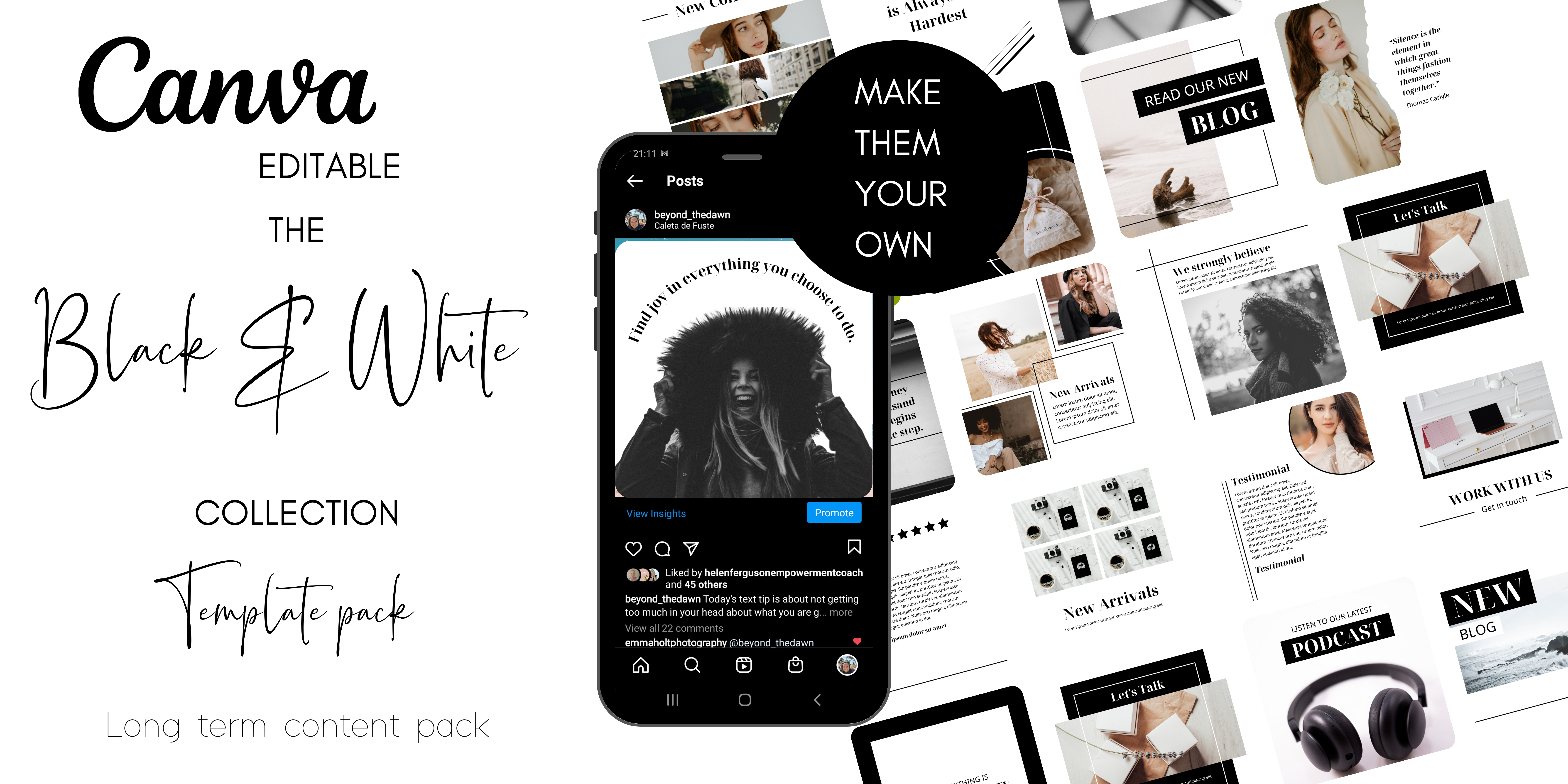 black and white social media post graphics in monochrome shades behind a mobile phone display